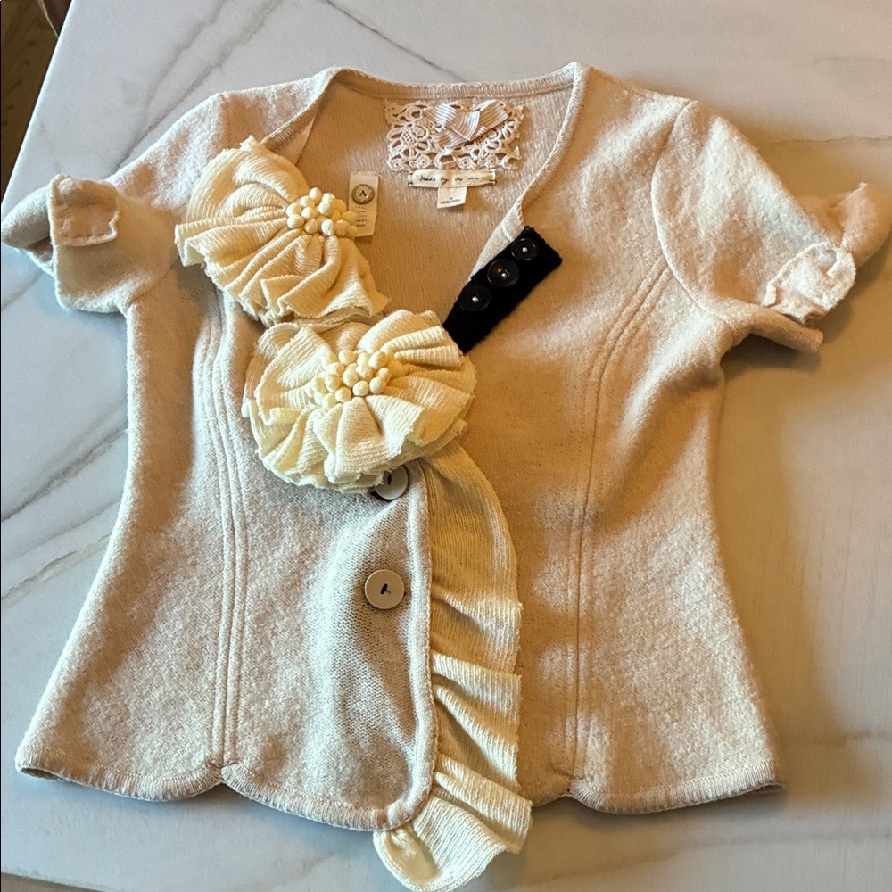 Anthropologie Vintage Cream Wool Cardigan with Floral and Bow Accents